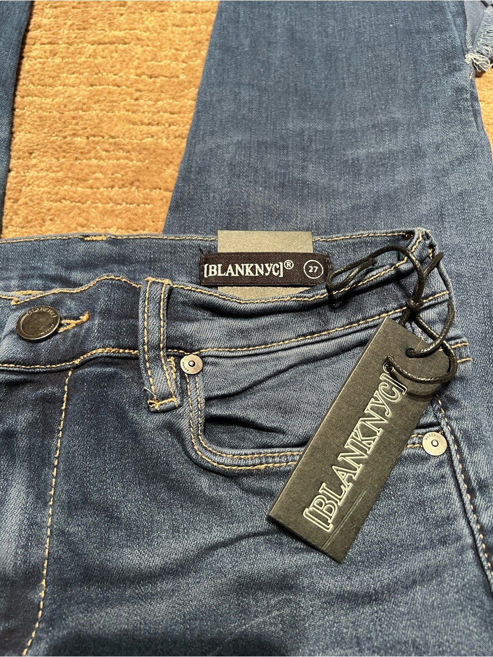 Blank NYC Distressed Ruffle-Hem Flare Jeans in Medium Blue - Picture 6 of 6